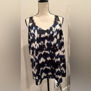 Express Sleeveless Blouse. Black, Blue & White Abstract Print with Lace Detail.